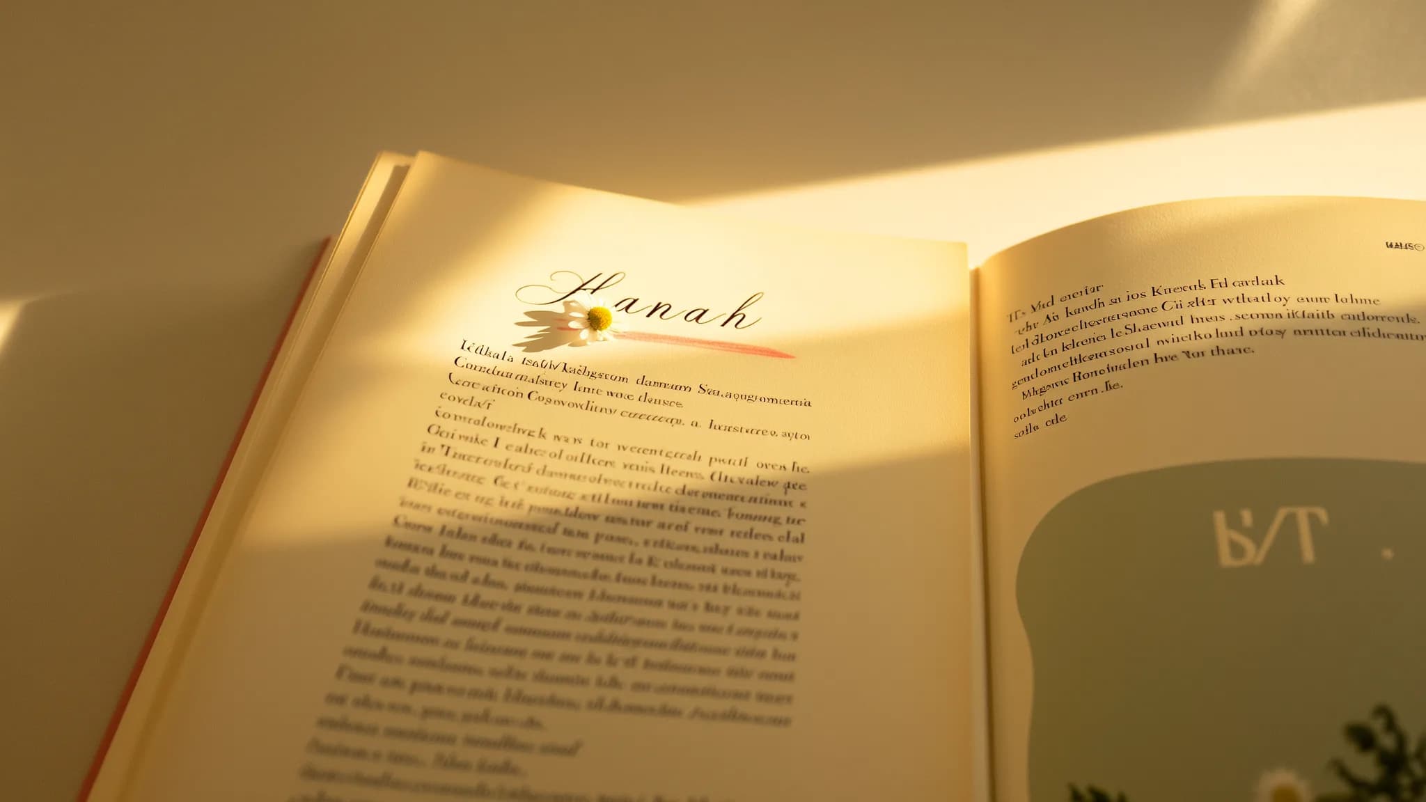 Aufgeschlagenes Buch mit warmem Goldlicht und einer kleinen getrockneten Blume als Lesezeichen