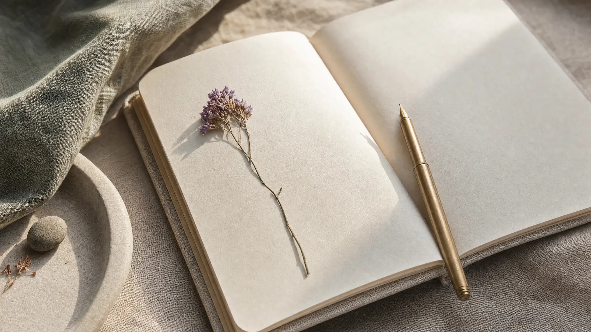 Aufgeschlagenes Buch mit warmem Goldlicht und einer kleinen getrockneten Blume als Lesezeichen