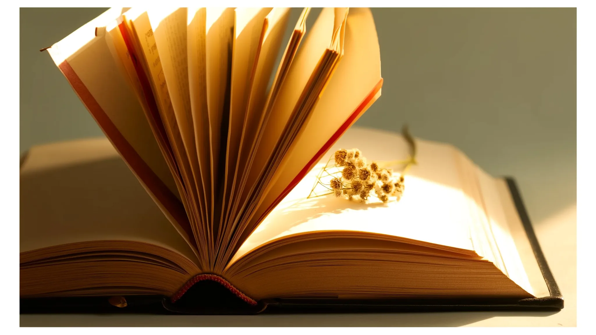 Antikes Lederbuch mit warmem Goldlicht und getrockneten Wildblumen auf den cremefarbenen Seiten