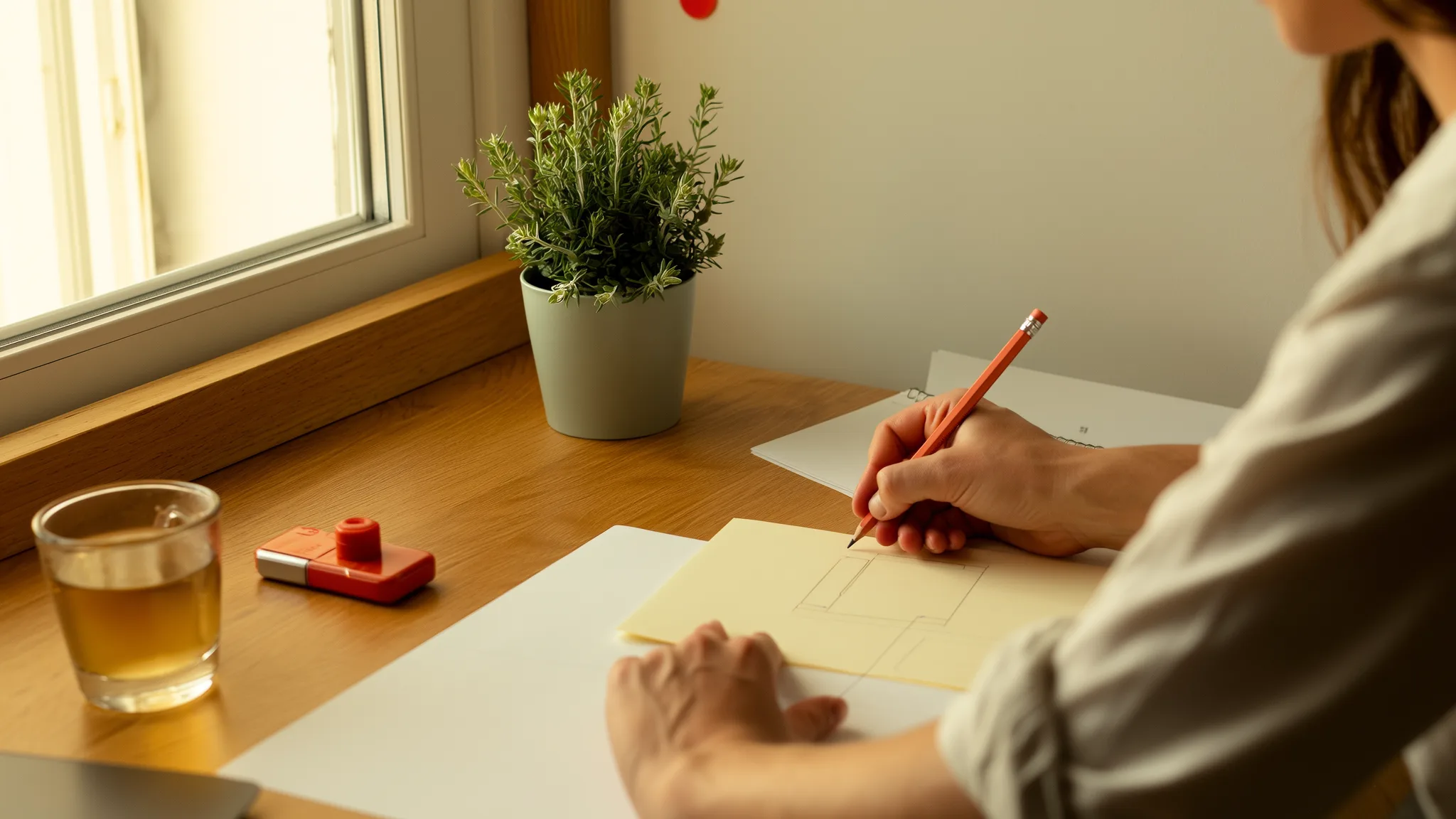 Hände skizzieren mit einem korallfarbenen Stift Wireframes auf Papier, daneben Tee und eine Salbei-Pflanze