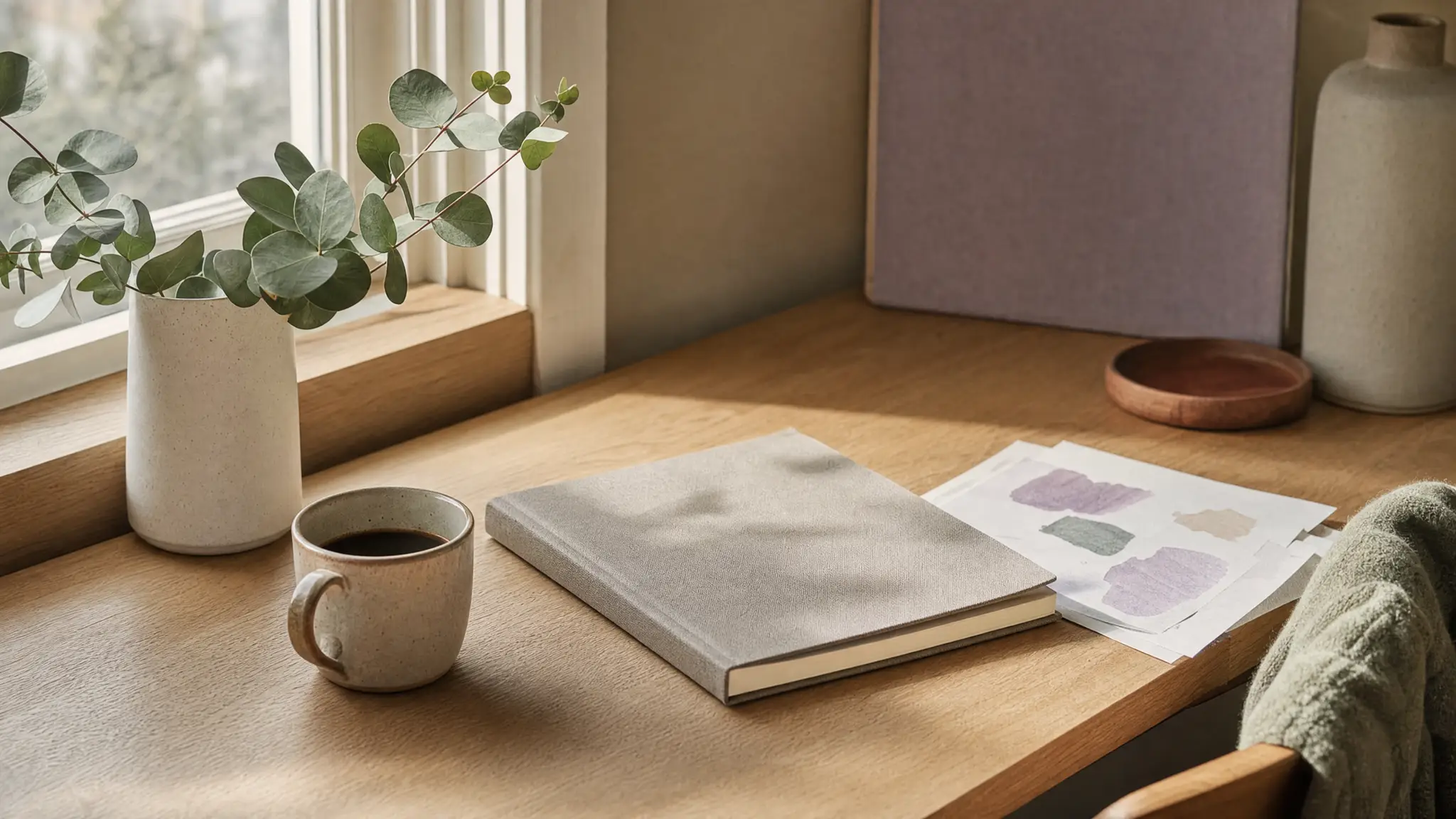 Hände skizzieren mit einem korallfarbenen Stift Wireframes auf Papier, daneben Tee und eine Salbei-Pflanze