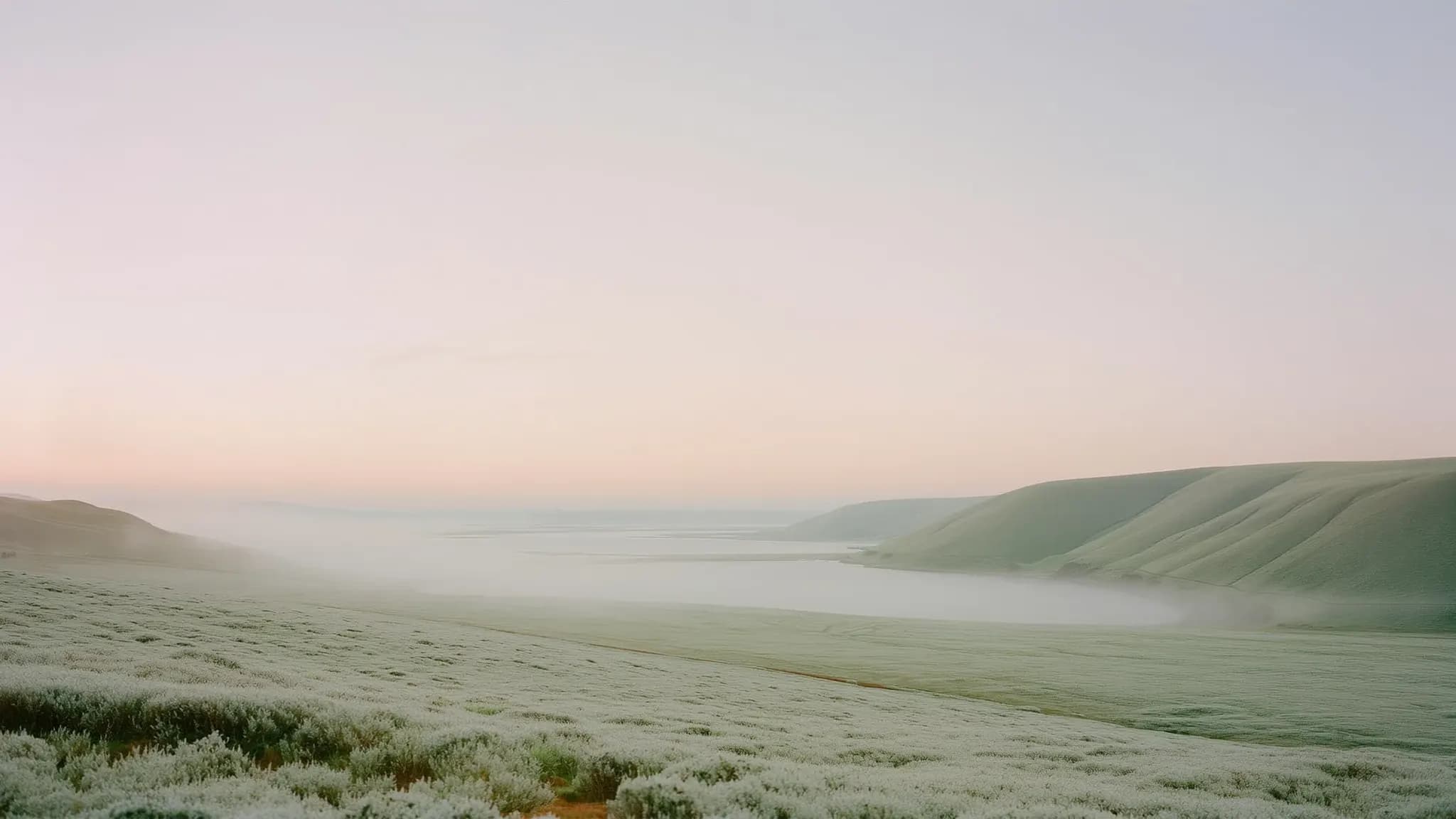 Minimalistische skandinavische Küstenlandschaft im Morgengrauen mit weichem Pastellhimmel und Nebel