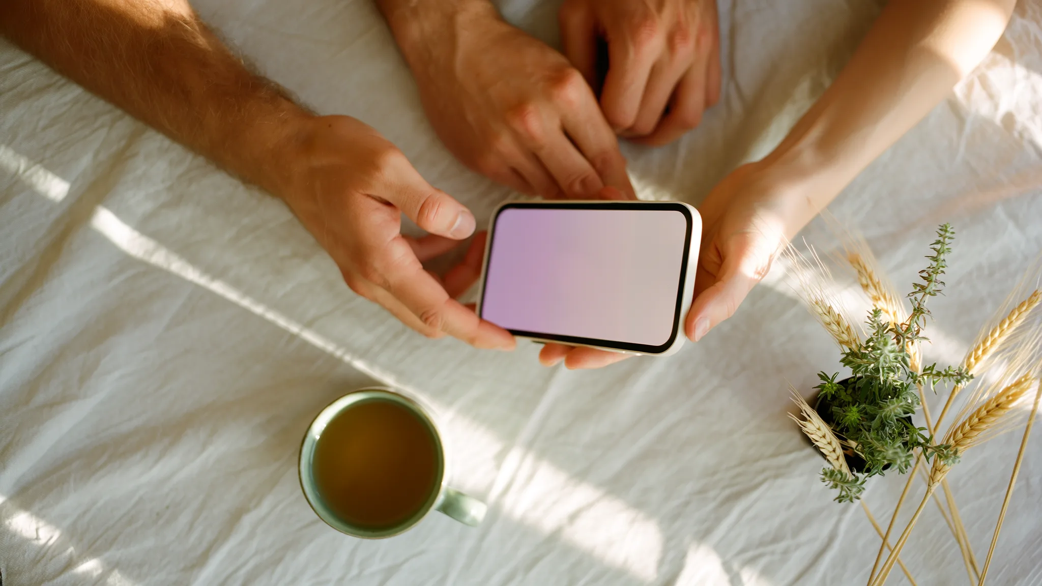 Hände eines Paares halten ein Smartphone auf cremefarbener Tischdecke, daneben Tee und getrocknete Pflanzen