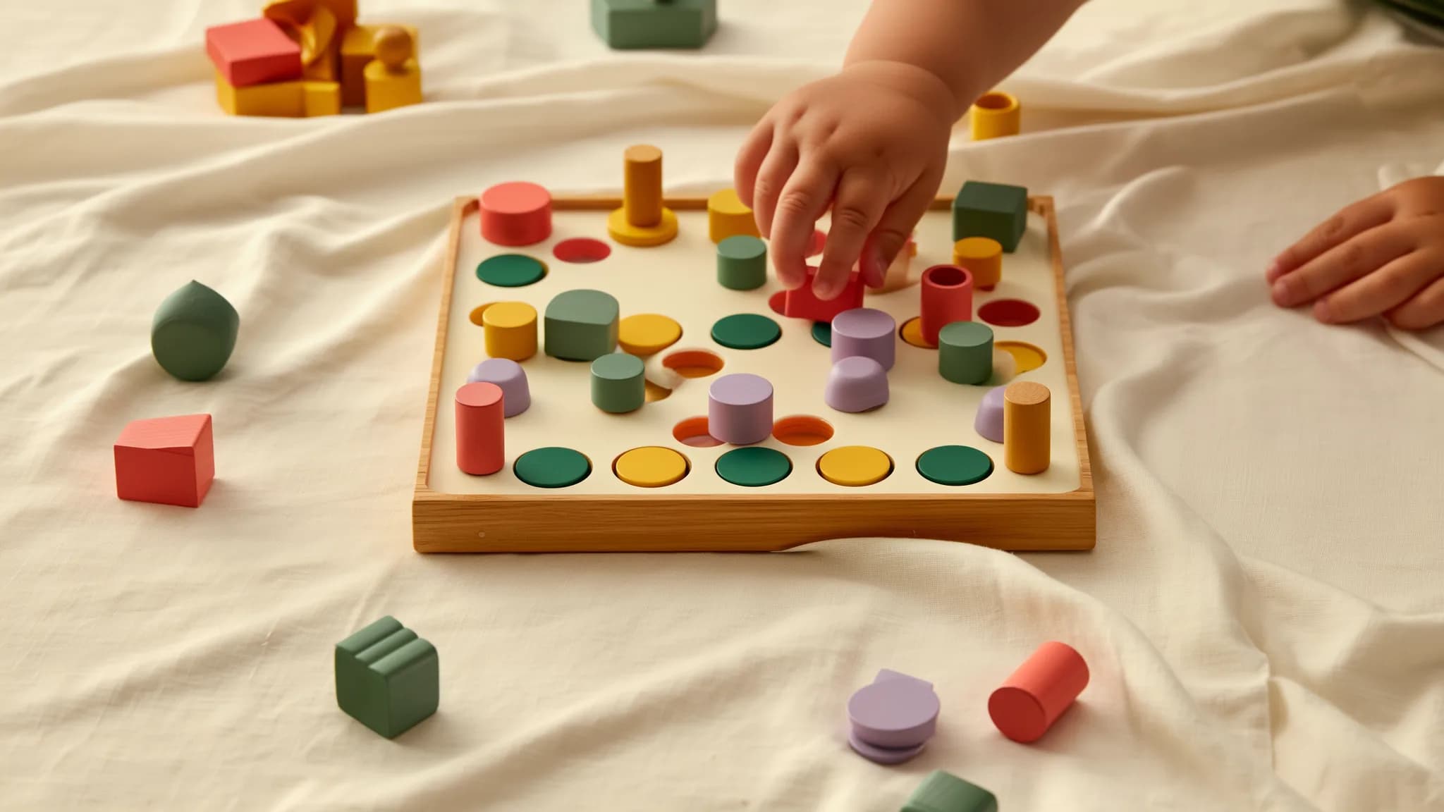 Holz-Brettspiel mit Spielfiguren in Markenfarben (Salbeigrün, Korall, Senfgelb, Lavendel), eine Kinderhand greift nach einem Stein