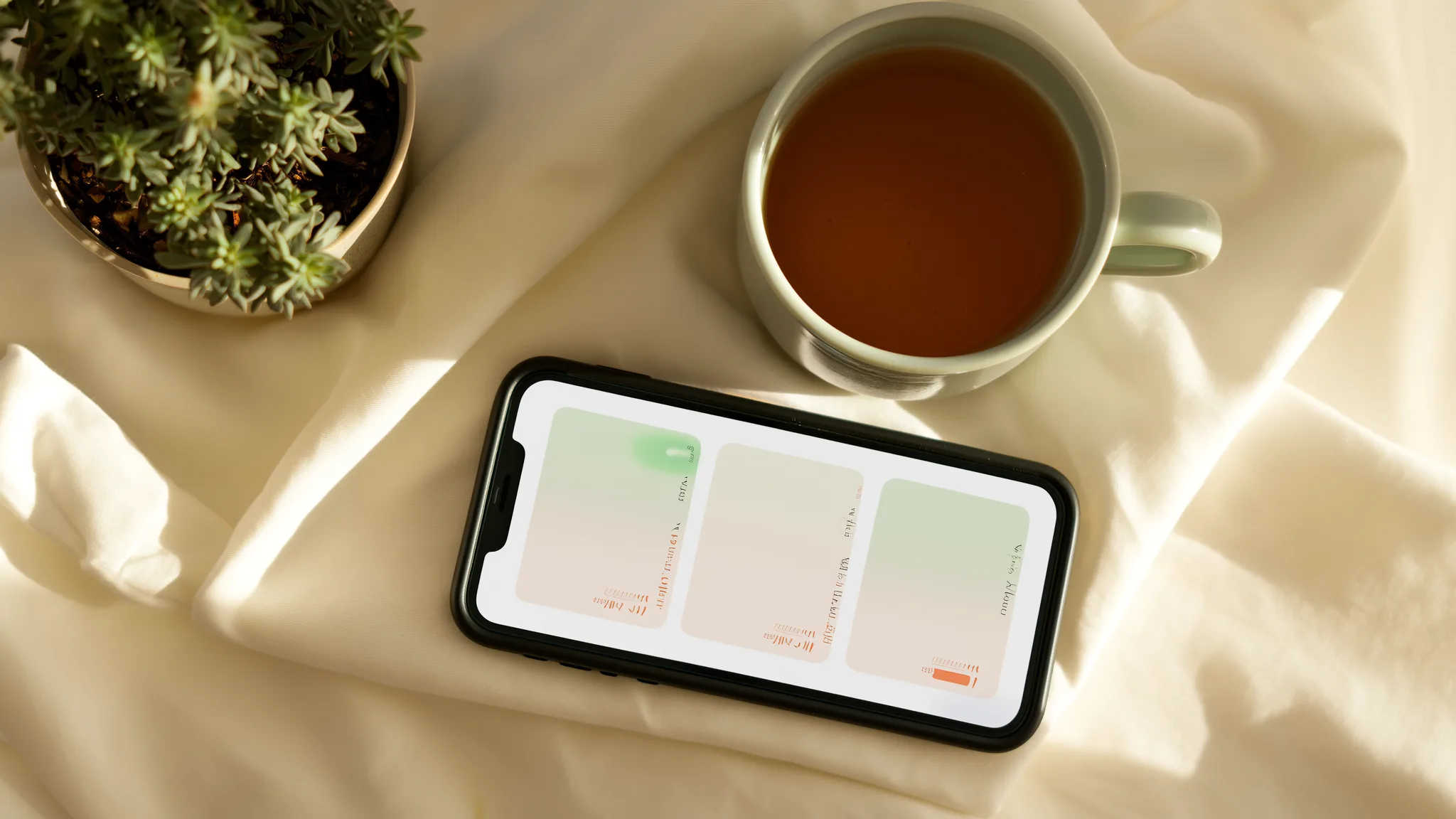 Smartphone von oben auf cremefarbenem Leinen mit drei pastellfarbenen Antwortkarten, Tee und Salbei-Pflanze