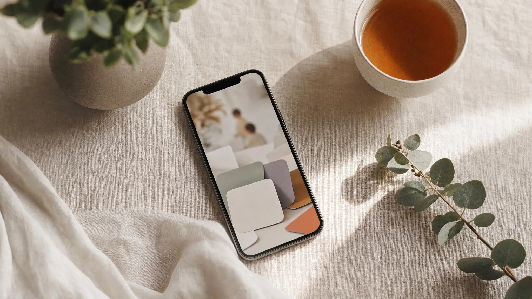 Smartphone von oben auf cremefarbenem Leinen mit drei pastellfarbenen Antwortkarten, Tee und Salbei-Pflanze