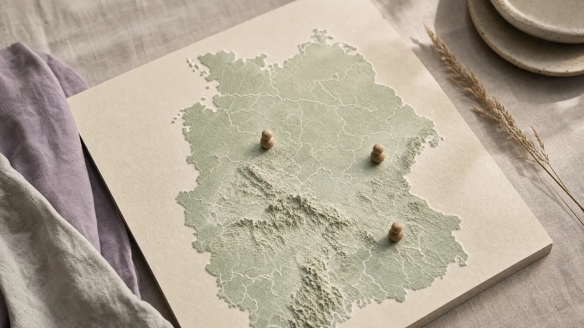 Vintage-Karte auf cremefarbenem Leinen mit zwei farbigen Pin-Markern (Salbeigrün im Norden, Korall im Süden)