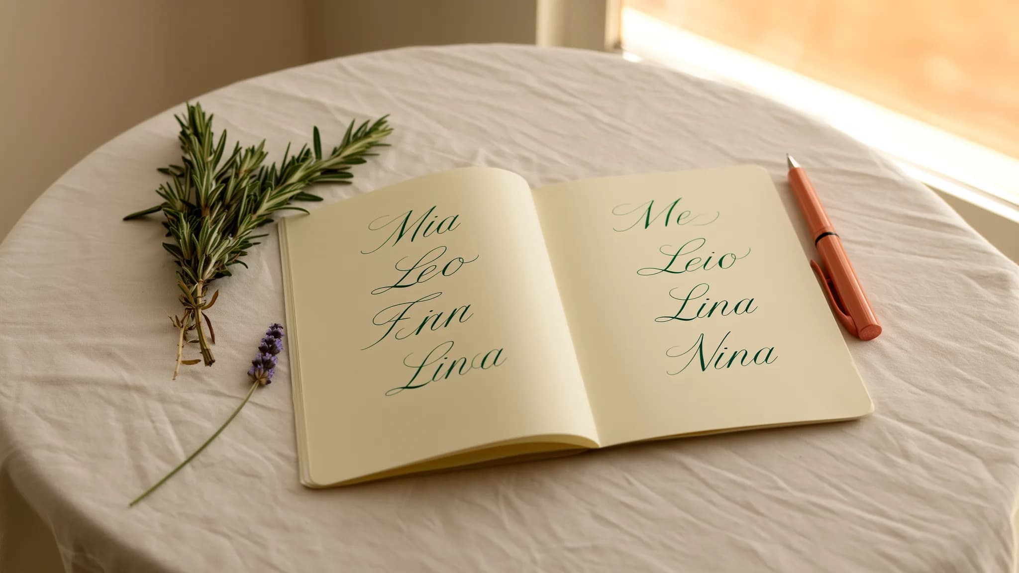 Notizbuch mit kursiv geschriebenen Babynamen (Mia, Leo, Finn, Lina), korallroter Füller und Lavendel